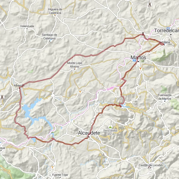 Map miniature of "Jamilena to Albendín Gravel Hilly Tour" cycling inspiration in Andalucía, Spain. Generated by Tarmacs.app cycling route planner