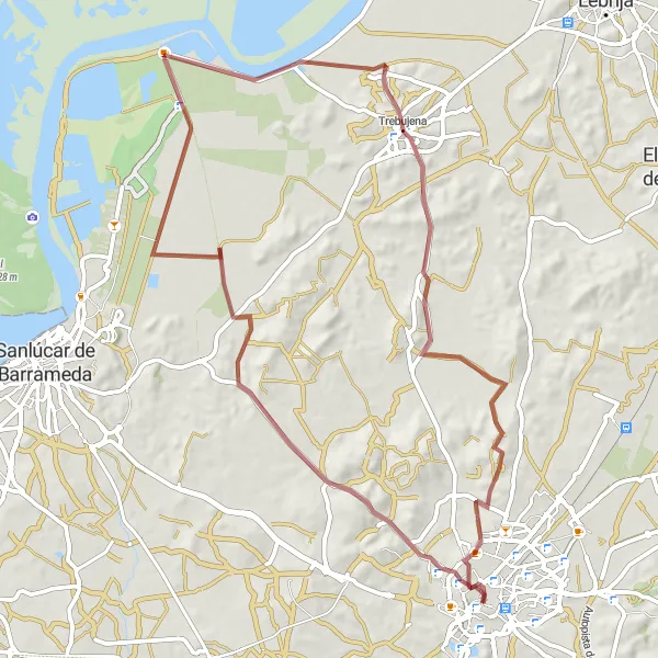 Miniature de la carte de l'inspiration cycliste "Route autour de Jerez de la Frontera" dans la Andalucía, Spain. Générée par le planificateur d'itinéraire cycliste Tarmacs.app