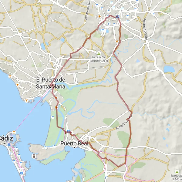 Miniature de la carte de l'inspiration cycliste "Tour de Jerez de la Frontera Gravel" dans la Andalucía, Spain. Générée par le planificateur d'itinéraire cycliste Tarmacs.app