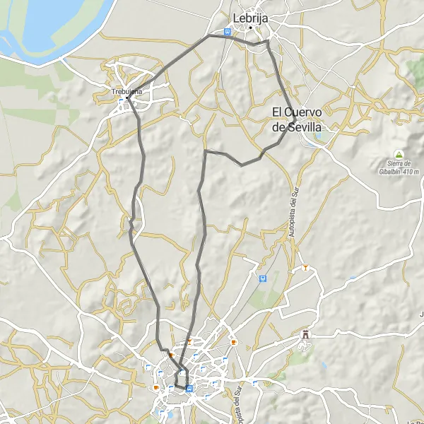 Miniatuurkaart van de fietsinspiratie "Rit naar Trebujena" in Andalucía, Spain. Gemaakt door de Tarmacs.app fietsrouteplanner