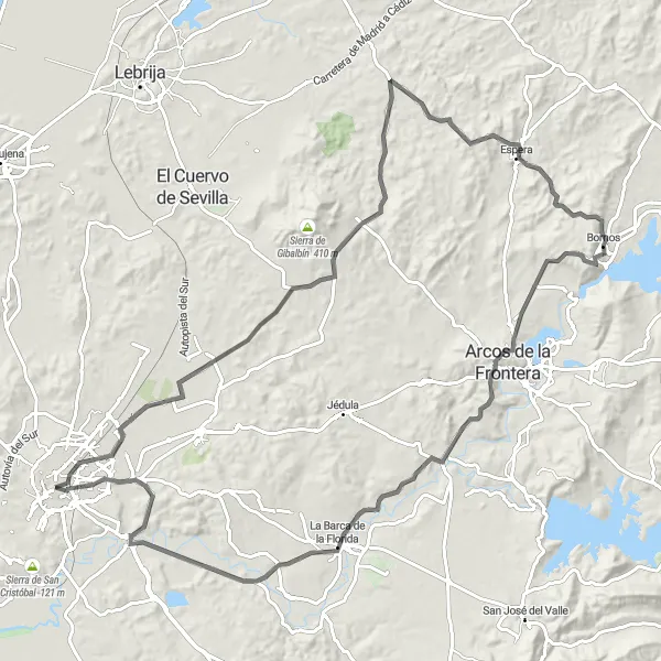 Miniature de la carte de l'inspiration cycliste "Défi des Pueblos Blancos" dans la Andalucía, Spain. Générée par le planificateur d'itinéraire cycliste Tarmacs.app