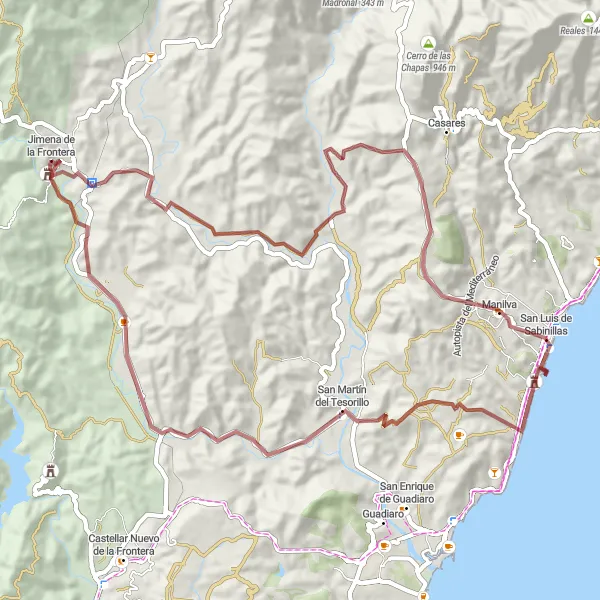 Miniatura della mappa di ispirazione al ciclismo "Esplorazione delle rovine e delle coste andaluse" nella regione di Andalucía, Spain. Generata da Tarmacs.app, pianificatore di rotte ciclistiche