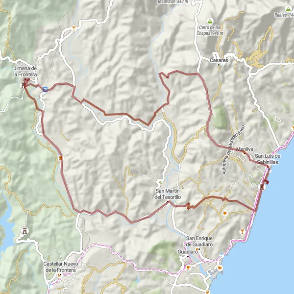 Map miniature of "Jimena de la Frontera Gravel Adventure" cycling inspiration in Andalucía, Spain. Generated by Tarmacs.app cycling route planner