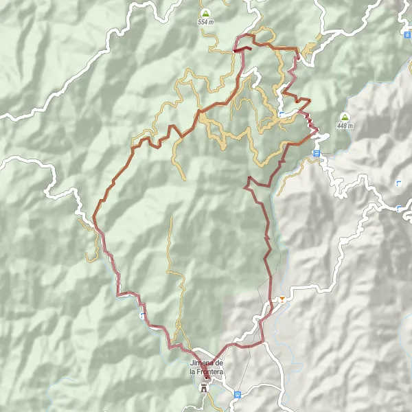 Miniaturní mapa "Scenic Gravel Route near Jimena de la Frontera" inspirace pro cyklisty v oblasti Andalucía, Spain. Vytvořeno pomocí plánovače tras Tarmacs.app