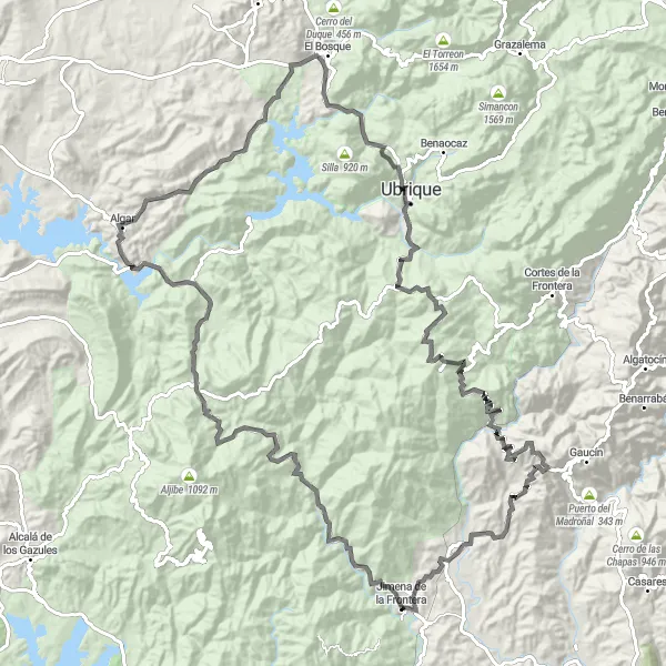 Map miniature of "Jimena de la Frontera to Ubrique Road Cycling Adventure" cycling inspiration in Andalucía, Spain. Generated by Tarmacs.app cycling route planner