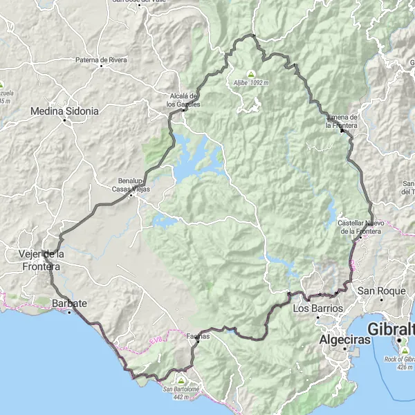 Miniatura della mappa di ispirazione al ciclismo "Ciclismo epico attraverso i Pueblos Blancos" nella regione di Andalucía, Spain. Generata da Tarmacs.app, pianificatore di rotte ciclistiche