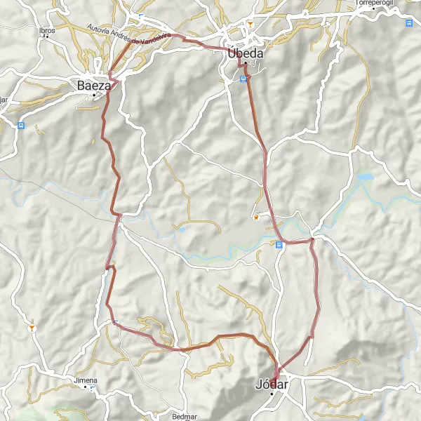 Map miniature of "Gravel Exploration of Jódar" cycling inspiration in Andalucía, Spain. Generated by Tarmacs.app cycling route planner