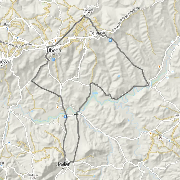 Map miniature of "Discovering Jódar's Castle and Surroundings" cycling inspiration in Andalucía, Spain. Generated by Tarmacs.app cycling route planner