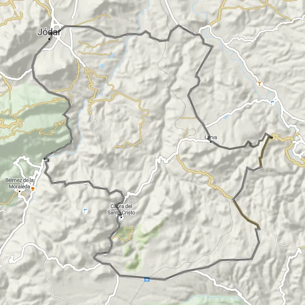 Miniatua del mapa de inspiración ciclista "Tour por los Castillos de Jódar y Cabra del Santo Cristo" en Andalucía, Spain. Generado por Tarmacs.app planificador de rutas ciclistas