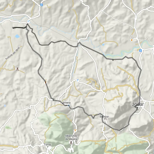 Miniatua del mapa de inspiración ciclista "Ruta en Carretera a Bedmar y Jimena desde Jódar" en Andalucía, Spain. Generado por Tarmacs.app planificador de rutas ciclistas