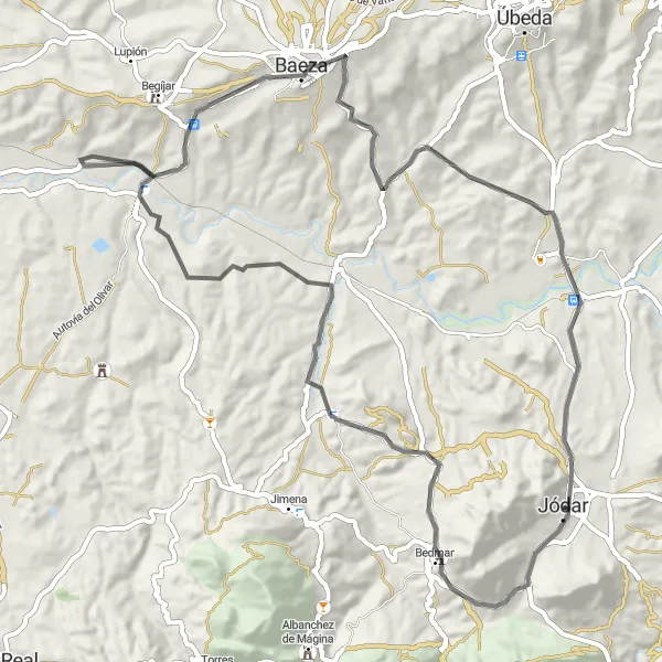 Map miniature of "Jódar Hills Road Ride" cycling inspiration in Andalucía, Spain. Generated by Tarmacs.app cycling route planner