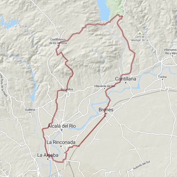 Miniatura della mappa di ispirazione al ciclismo "Avventura in Gravel tra La Algaba e San José de la Rinconada" nella regione di Andalucía, Spain. Generata da Tarmacs.app, pianificatore di rotte ciclistiche