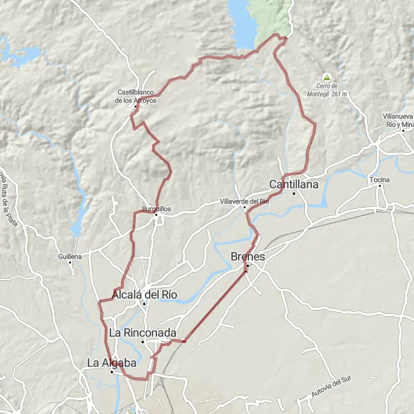 Map miniature of "Challenging gravel route through Torre de la Reina, Burguillos, Castilblanco de los Arroyos, Cantillana, Brenes, and San José de la Rinconada" cycling inspiration in Andalucía, Spain. Generated by Tarmacs.app cycling route planner