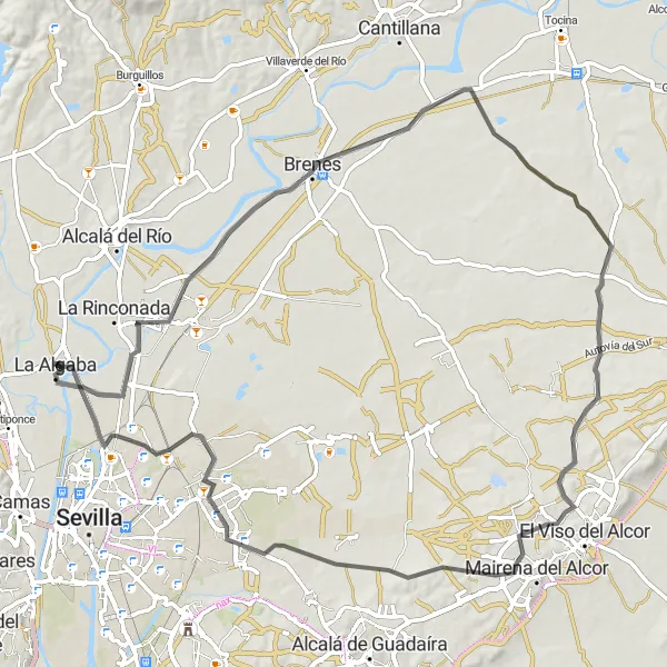 Map miniature of "Road route through San José de la Rinconada, Brenes, Este-Alcosa-Torreblanca, and Distrito Norte" cycling inspiration in Andalucía, Spain. Generated by Tarmacs.app cycling route planner