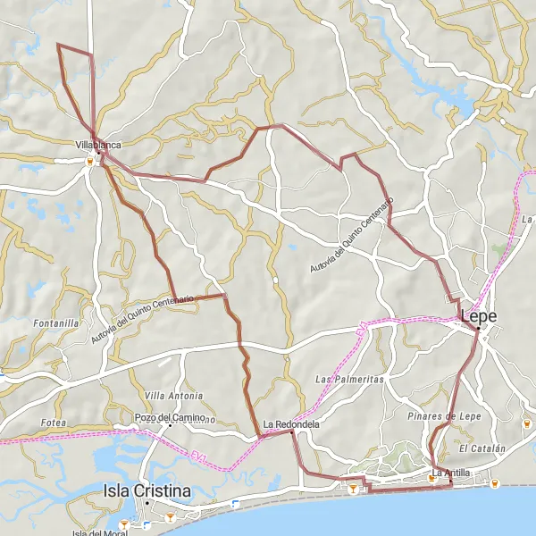 Miniatura della mappa di ispirazione al ciclismo "Scoperta della Costa di Huelva" nella regione di Andalucía, Spain. Generata da Tarmacs.app, pianificatore di rotte ciclistiche