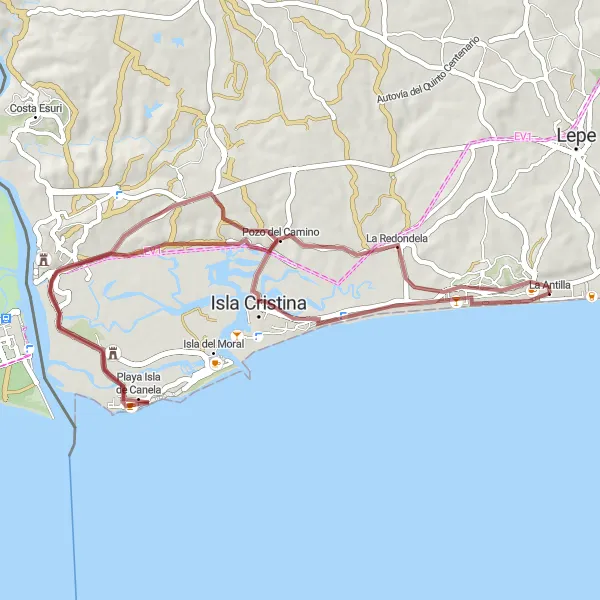 Miniatua del mapa de inspiración ciclista "Ruta de las Marismas" en Andalucía, Spain. Generado por Tarmacs.app planificador de rutas ciclistas