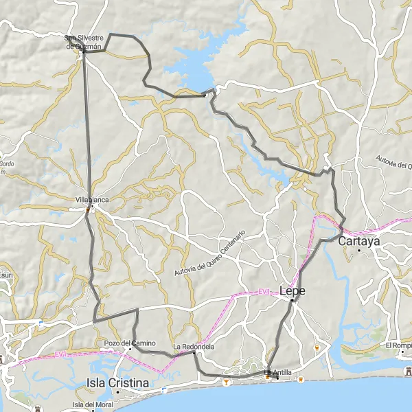 Miniatura della mappa di ispirazione al ciclismo "Giro in bicicletta La Antilla - La Redondela - San Silvestre de Guzmán - Lepe" nella regione di Andalucía, Spain. Generata da Tarmacs.app, pianificatore di rotte ciclistiche