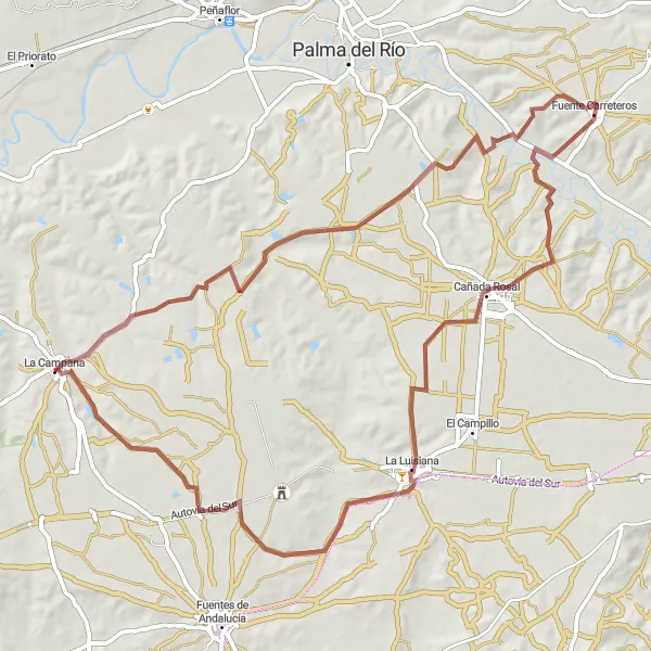 Miniature de la carte de l'inspiration cycliste "Parcours de Gravel à travers Cañada Rosal et La Luisiana" dans la Andalucía, Spain. Générée par le planificateur d'itinéraire cycliste Tarmacs.app