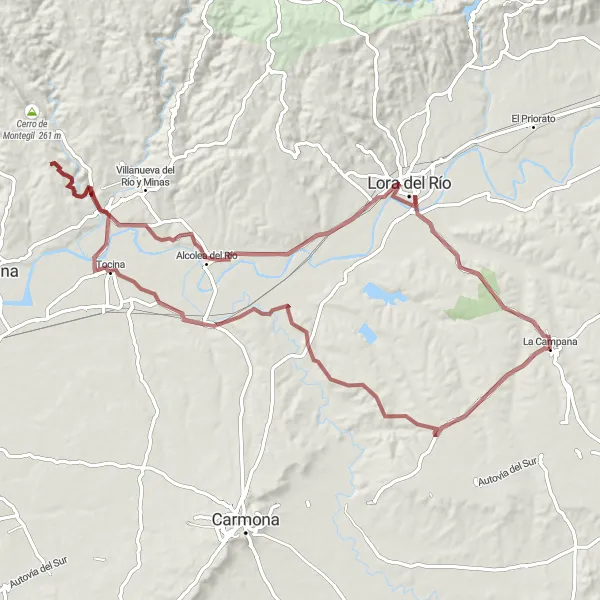 Miniatura della mappa di ispirazione al ciclismo "Ciclovia Gravel da La Campana" nella regione di Andalucía, Spain. Generata da Tarmacs.app, pianificatore di rotte ciclistiche