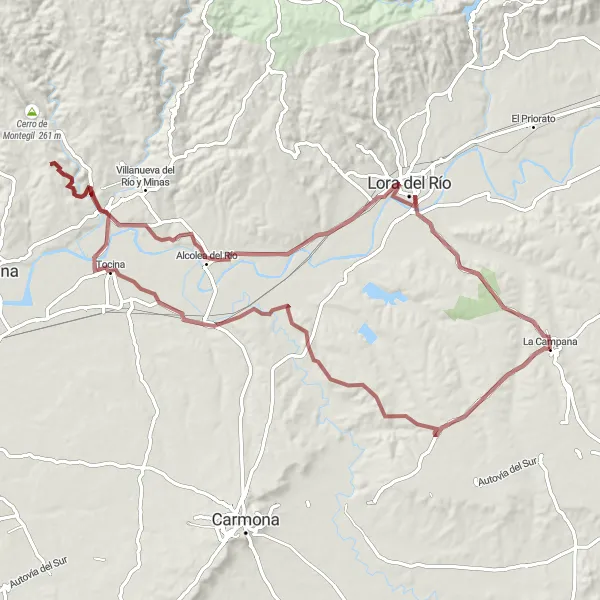 Map miniature of "Tocina Gravel Adventure" cycling inspiration in Andalucía, Spain. Generated by Tarmacs.app cycling route planner