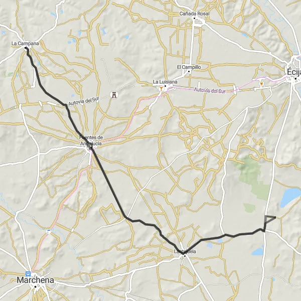 Miniatura mapy "Przejażdżka szosą po wybranym regionie Andaluzji" - trasy rowerowej w Andalucía, Spain. Wygenerowane przez planer tras rowerowych Tarmacs.app
