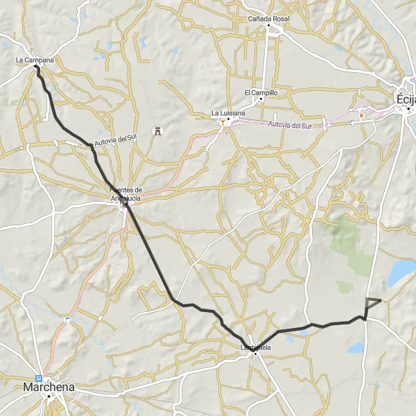 Miniature de la carte de l'inspiration cycliste "Parcours sur Route à travers Lantejuela et Fuentes de Andalucía" dans la Andalucía, Spain. Générée par le planificateur d'itinéraire cycliste Tarmacs.app