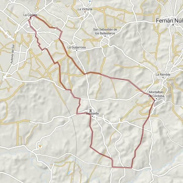 Miniaturní mapa "Scenic Gravel Cycling Loop near La Carlota" inspirace pro cyklisty v oblasti Andalucía, Spain. Vytvořeno pomocí plánovače tras Tarmacs.app