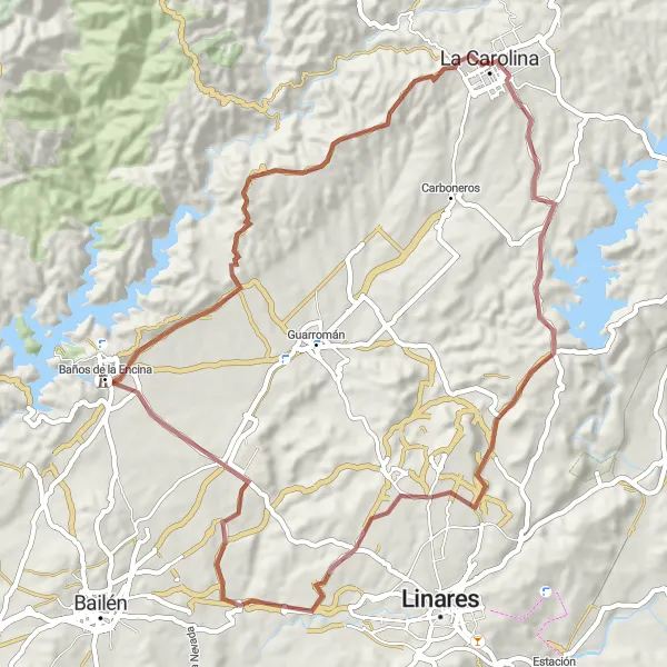 Miniatua del mapa de inspiración ciclista "Ruta de La Carolina y Baños de la Encina" en Andalucía, Spain. Generado por Tarmacs.app planificador de rutas ciclistas