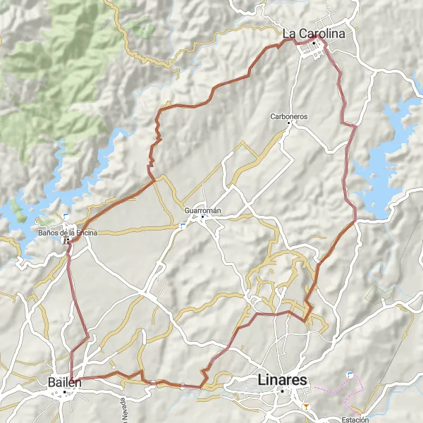 Miniatua del mapa de inspiración ciclista "Ruta de Grava a Castillo de Burgalimar" en Andalucía, Spain. Generado por Tarmacs.app planificador de rutas ciclistas