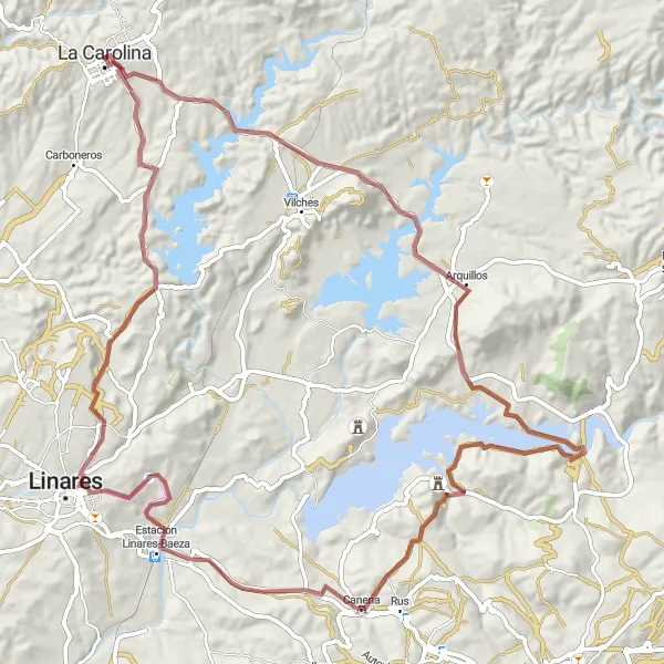 Miniatuurkaart van de fietsinspiratie "Majestueuze graveltocht door Arquillos en Canena" in Andalucía, Spain. Gemaakt door de Tarmacs.app fietsrouteplanner