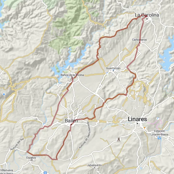 Map miniature of "La Carolina - Castillo de Burgalimar Gravel Adventure" cycling inspiration in Andalucía, Spain. Generated by Tarmacs.app cycling route planner