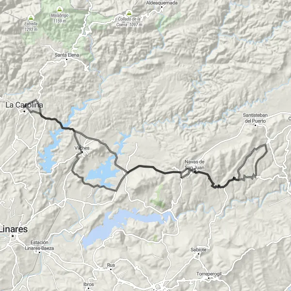 Miniatua del mapa de inspiración ciclista "Aventura en Navas de San Juan y Vilches" en Andalucía, Spain. Generado por Tarmacs.app planificador de rutas ciclistas