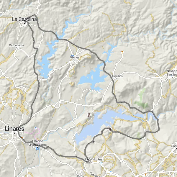 Miniatua del mapa de inspiración ciclista "Desafío en Arquillos y Canena" en Andalucía, Spain. Generado por Tarmacs.app planificador de rutas ciclistas