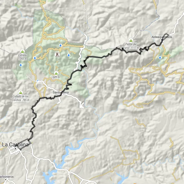 Miniatua del mapa de inspiración ciclista "Exploración de Santa Elena y Aldeaquemada" en Andalucía, Spain. Generado por Tarmacs.app planificador de rutas ciclistas