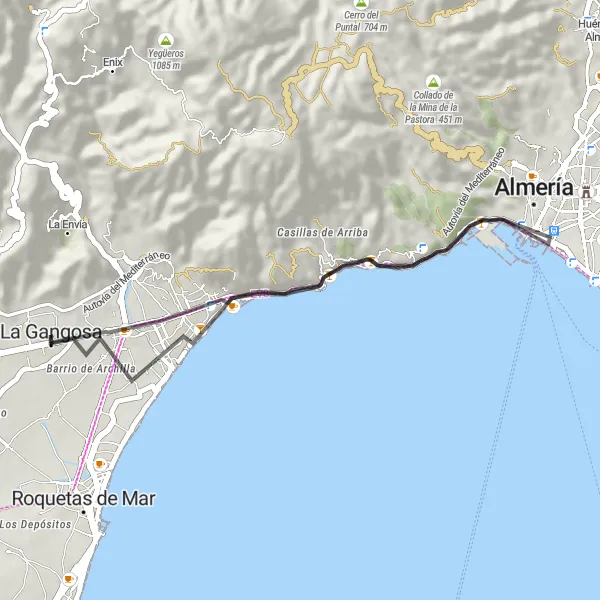 Map miniature of "Exploring Castell del Rey and Aguadulce" cycling inspiration in Andalucía, Spain. Generated by Tarmacs.app cycling route planner