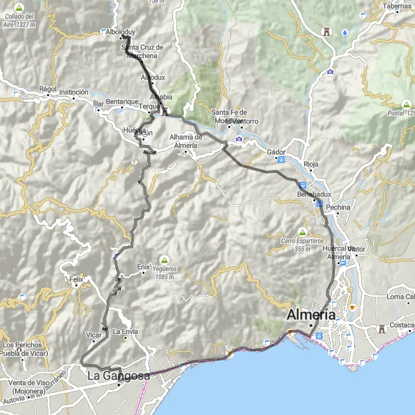 Miniatuurkaart van de fietsinspiratie "Scenic route naar Santa Cruz de Marchena en La Garrofa" in Andalucía, Spain. Gemaakt door de Tarmacs.app fietsrouteplanner