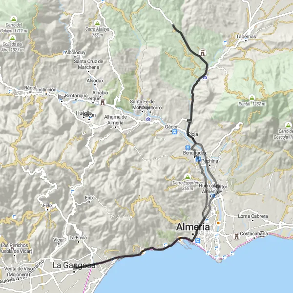 Map miniature of "La Gangosa Vistasol - San Telmo - Pescadería - Mirador del cerro del Calvario - Rioja - Artificial Oasis Movie Set - Benahadux - Collado de la Cerrada - El Palmer - La Gangosa Vistasol" cycling inspiration in Andalucía, Spain. Generated by Tarmacs.app cycling route planner