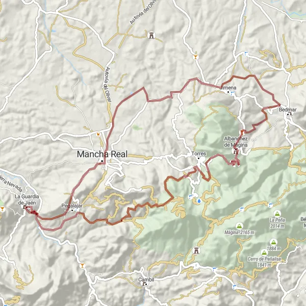 Miniaturní mapa "Gravelová exkurze s výhledem na hrad" inspirace pro cyklisty v oblasti Andalucía, Spain. Vytvořeno pomocí plánovače tras Tarmacs.app