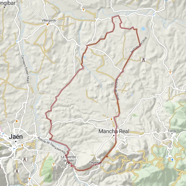 Miniaturní mapa "Offroad kolo kolem La Guardia de Jaén" inspirace pro cyklisty v oblasti Andalucía, Spain. Vytvořeno pomocí plánovače tras Tarmacs.app