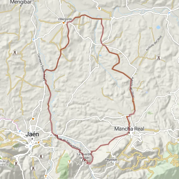 Miniature de la carte de l'inspiration cycliste "Exploration des environs de Jaén: Circuit de 70 km sur gravier" dans la Andalucía, Spain. Générée par le planificateur d'itinéraire cycliste Tarmacs.app