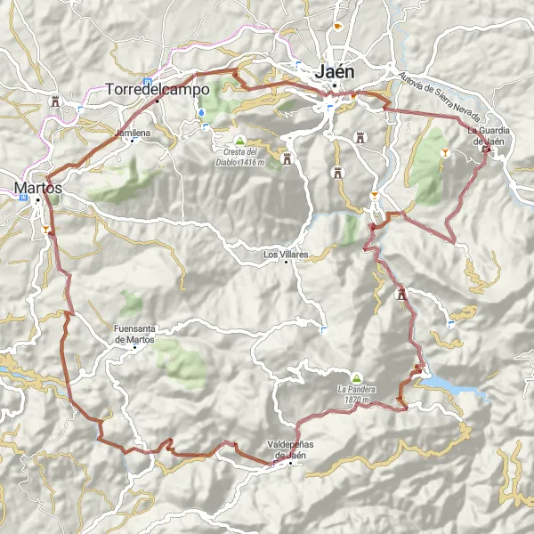 Map miniature of "Off-Road Adventure in the Sierra de Jaén" cycling inspiration in Andalucía, Spain. Generated by Tarmacs.app cycling route planner