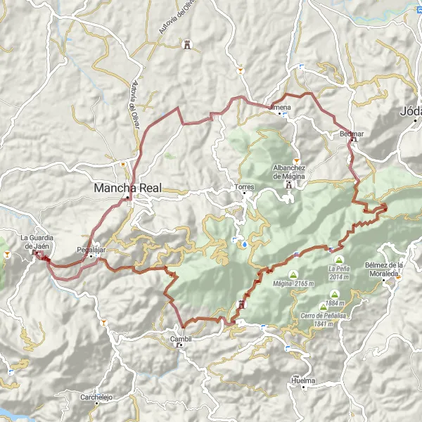 Miniaturní mapa "Gravel kolem La Guardii de Jaén" inspirace pro cyklisty v oblasti Andalucía, Spain. Vytvořeno pomocí plánovače tras Tarmacs.app