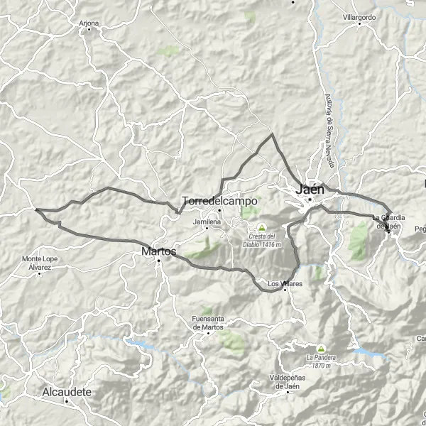 Map miniature of "Jaén Loop" cycling inspiration in Andalucía, Spain. Generated by Tarmacs.app cycling route planner