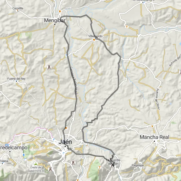 Miniatuurkaart van de fietsinspiratie "Ontdek de omgeving van Jaén" in Andalucía, Spain. Gemaakt door de Tarmacs.app fietsrouteplanner