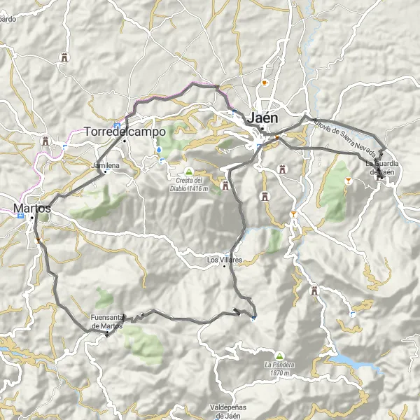 Miniature de la carte de l'inspiration cycliste "Les rivières et les collines: Itinéraire de 89 km sur route" dans la Andalucía, Spain. Générée par le planificateur d'itinéraire cycliste Tarmacs.app