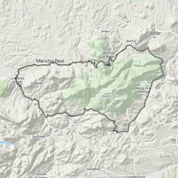 Miniaturní mapa "Okružní cyklistická trasa k Mirador del Castillo" inspirace pro cyklisty v oblasti Andalucía, Spain. Vytvořeno pomocí plánovače tras Tarmacs.app