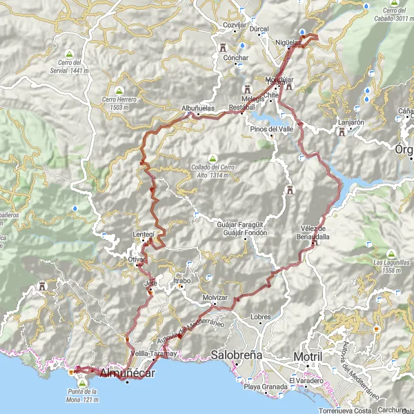 Map miniature of "Punta de la Mona to Vélez de Benaudalla Gravel Route" cycling inspiration in Andalucía, Spain. Generated by Tarmacs.app cycling route planner