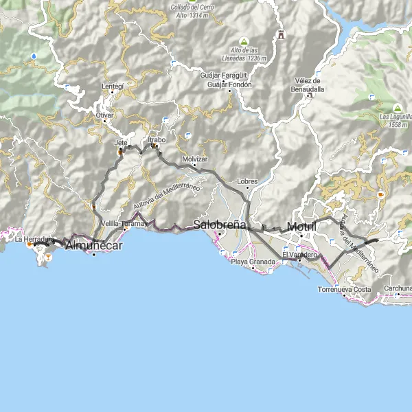 Miniatua del mapa de inspiración ciclista "Ruta de Carretera por la Costa Tropical" en Andalucía, Spain. Generado por Tarmacs.app planificador de rutas ciclistas