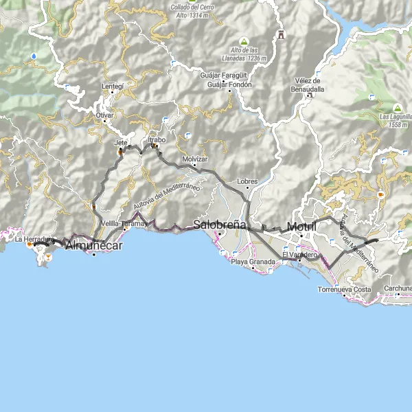 Map miniature of "Punta de la Mona to Almuñécar Road Route" cycling inspiration in Andalucía, Spain. Generated by Tarmacs.app cycling route planner