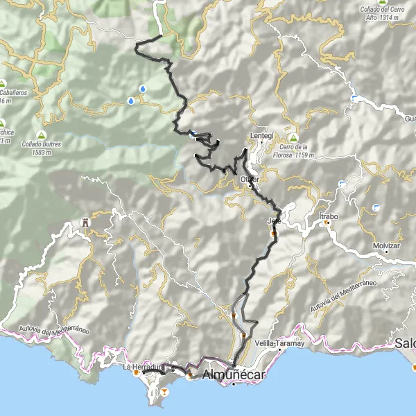 Miniatura della mappa di ispirazione al ciclismo "Giro in bicicletta panoramico verso Almunecar" nella regione di Andalucía, Spain. Generata da Tarmacs.app, pianificatore di rotte ciclistiche
